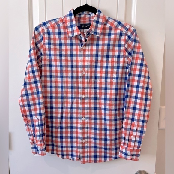Childrens Place Boys Orange White Blue Plaid Button-Down Long Sleeve Shirt 14/XL - Picture 1 of 6